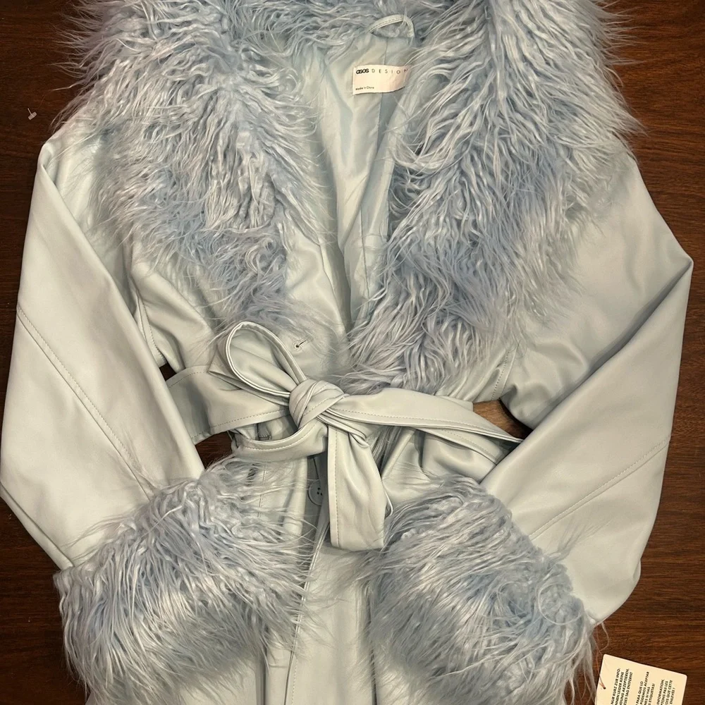 ASOS Sky Blue Leather Jacket with Plush Fur